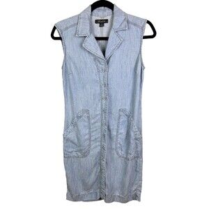 Level 99 Anthropologie Blue Chambray Linen Shirt Dress Sleeveless Button Down XS